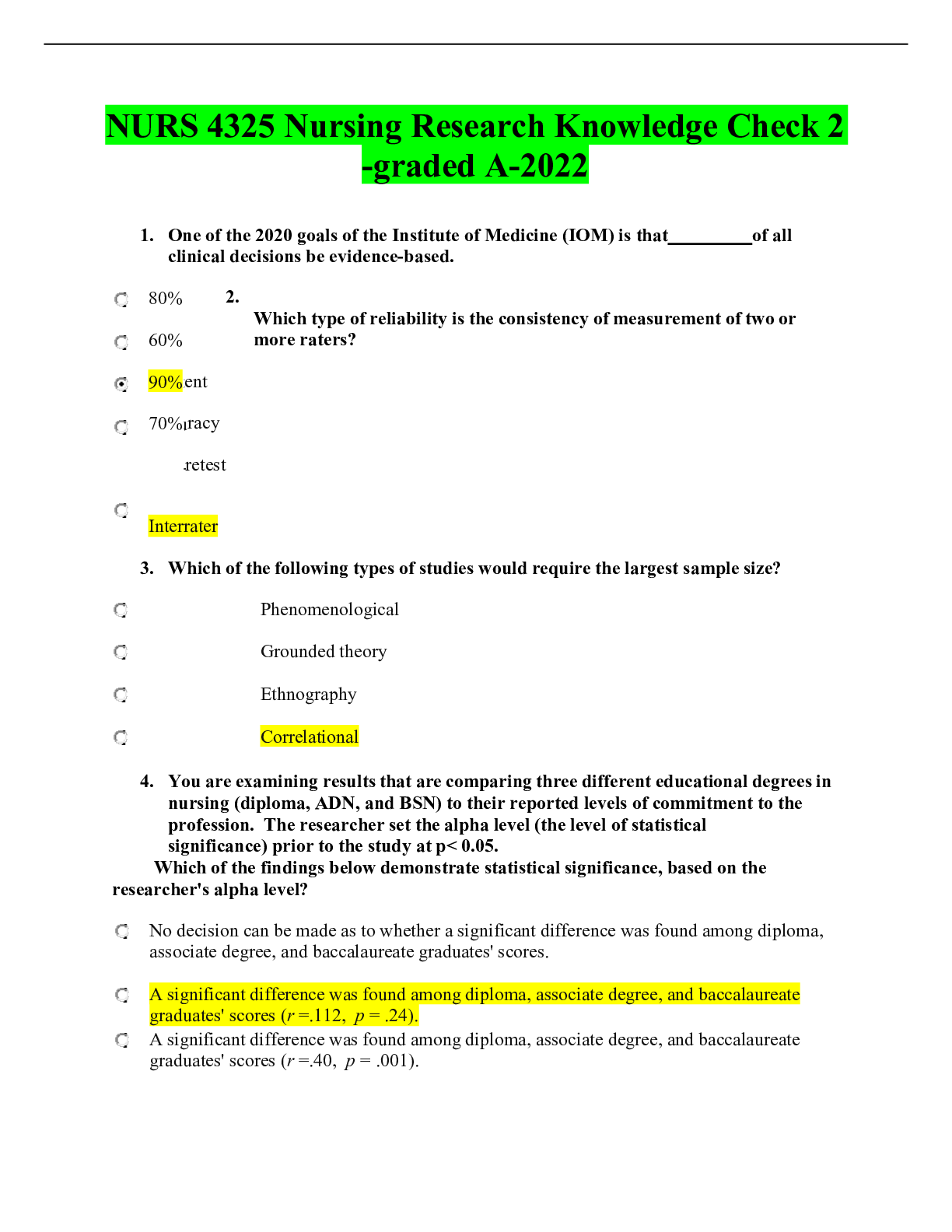 Preview of NURS 4325 Nursing Research Knowledge Check 2 -graded A-2022